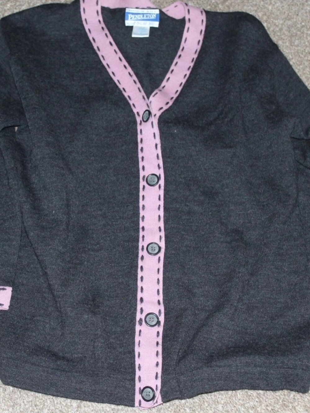 Pendleton Cardigan Dark Gray With Pink and Decorative Stitching, Sz Petite M